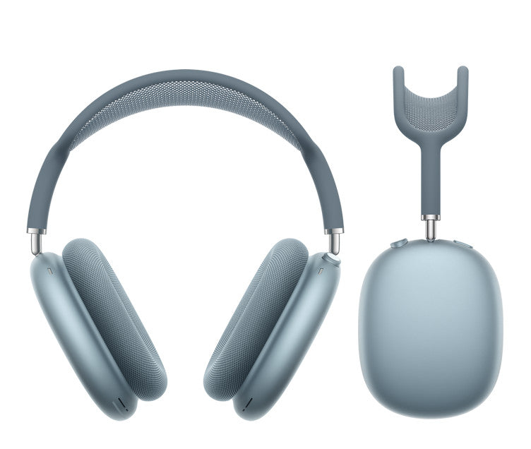 Blue headphones with a detached microphone on a white background