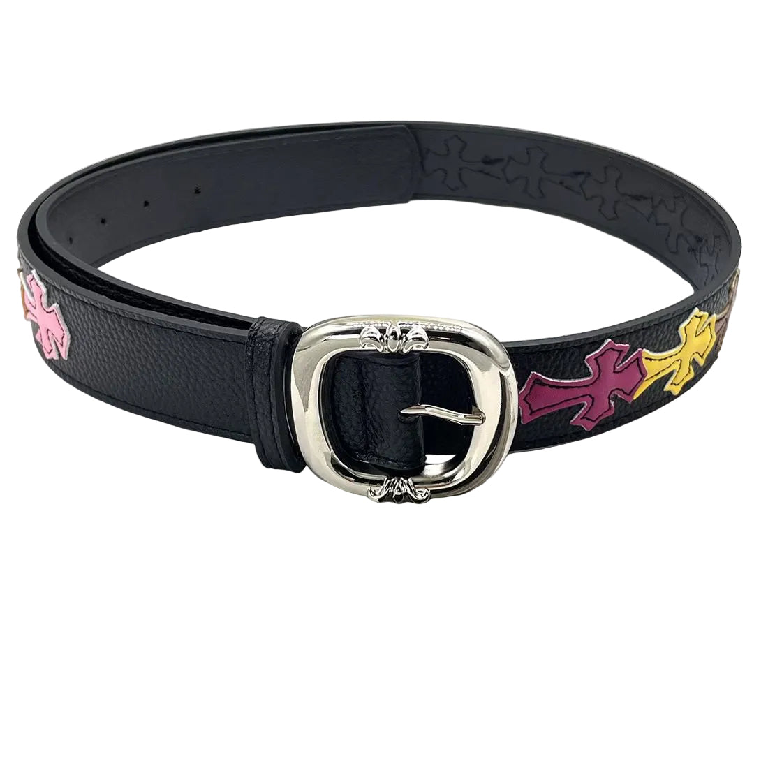 Black belt with colorful floral designs on a magazine background