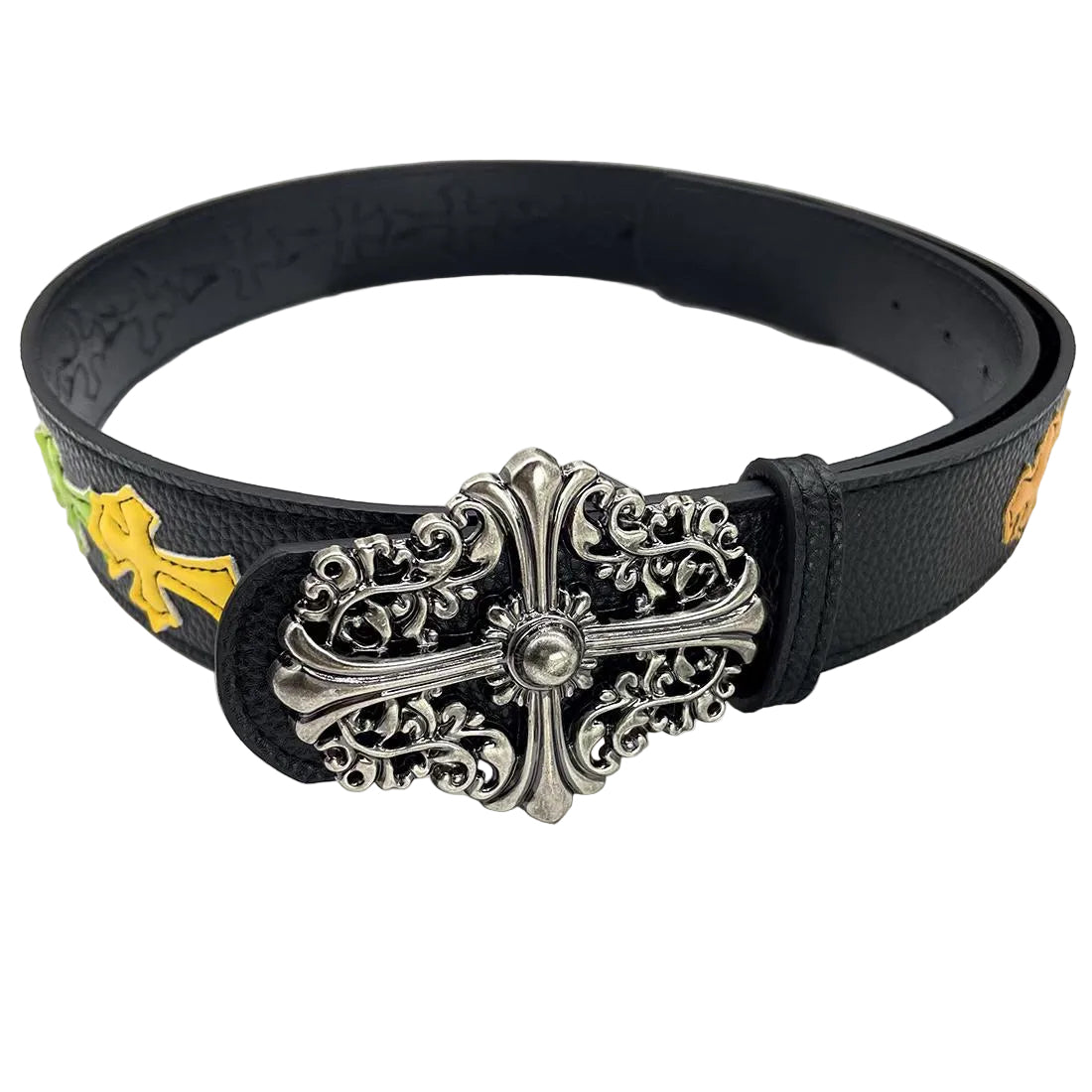 Black belt with a decorative silver buckle on a magazine background