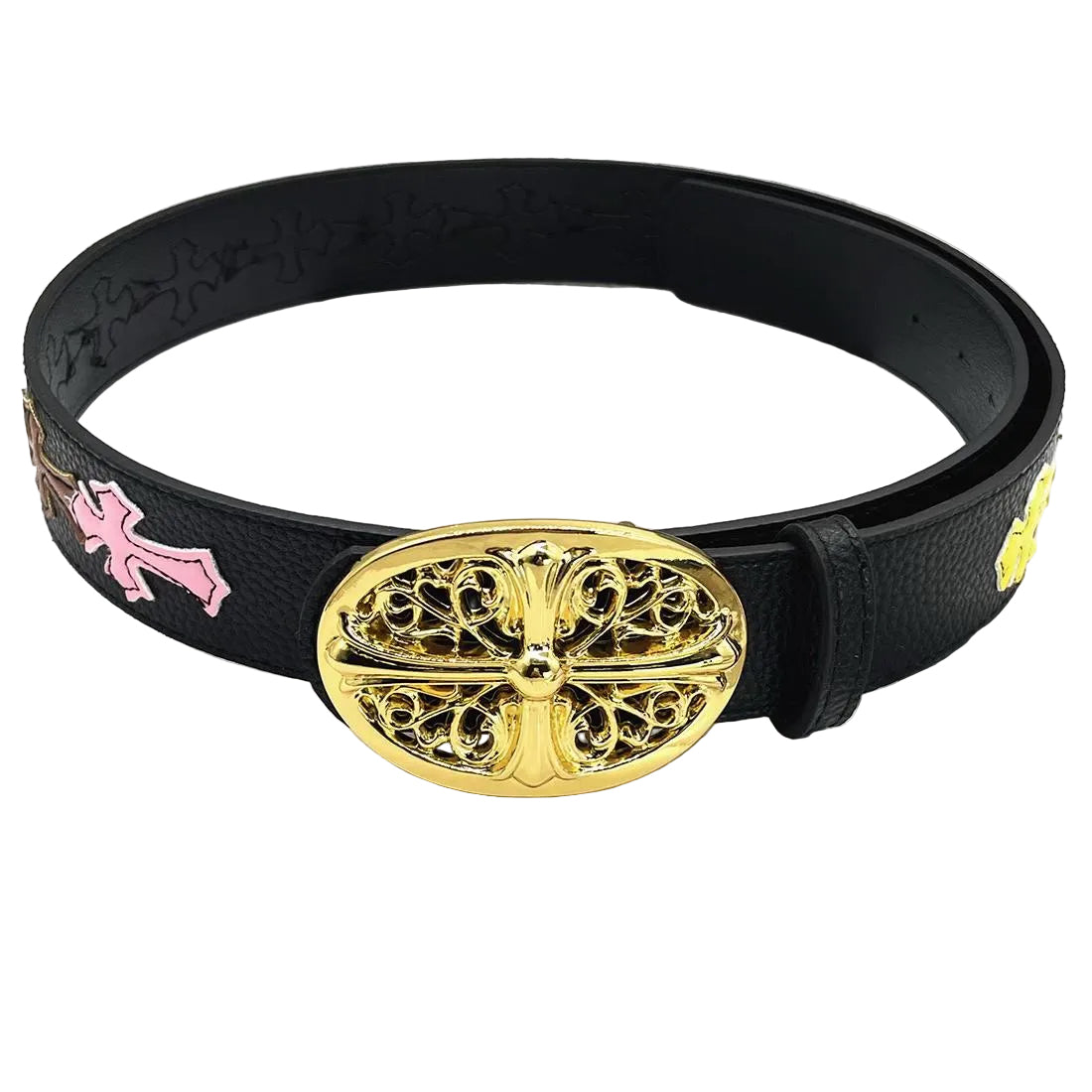 Black belt with a gold tree-shaped buckle on a white background