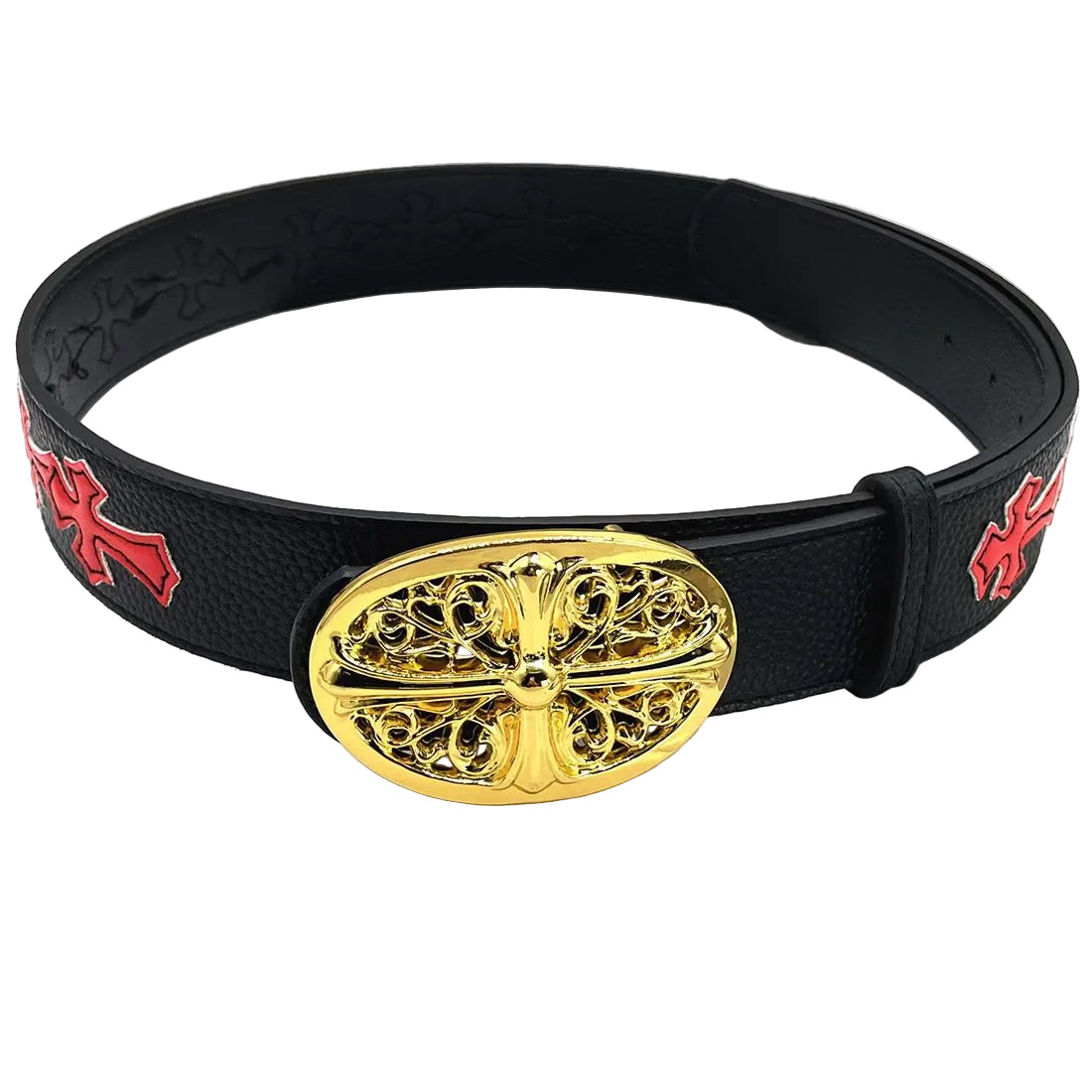 Black belt with gold buckle and red floral designs on a white background