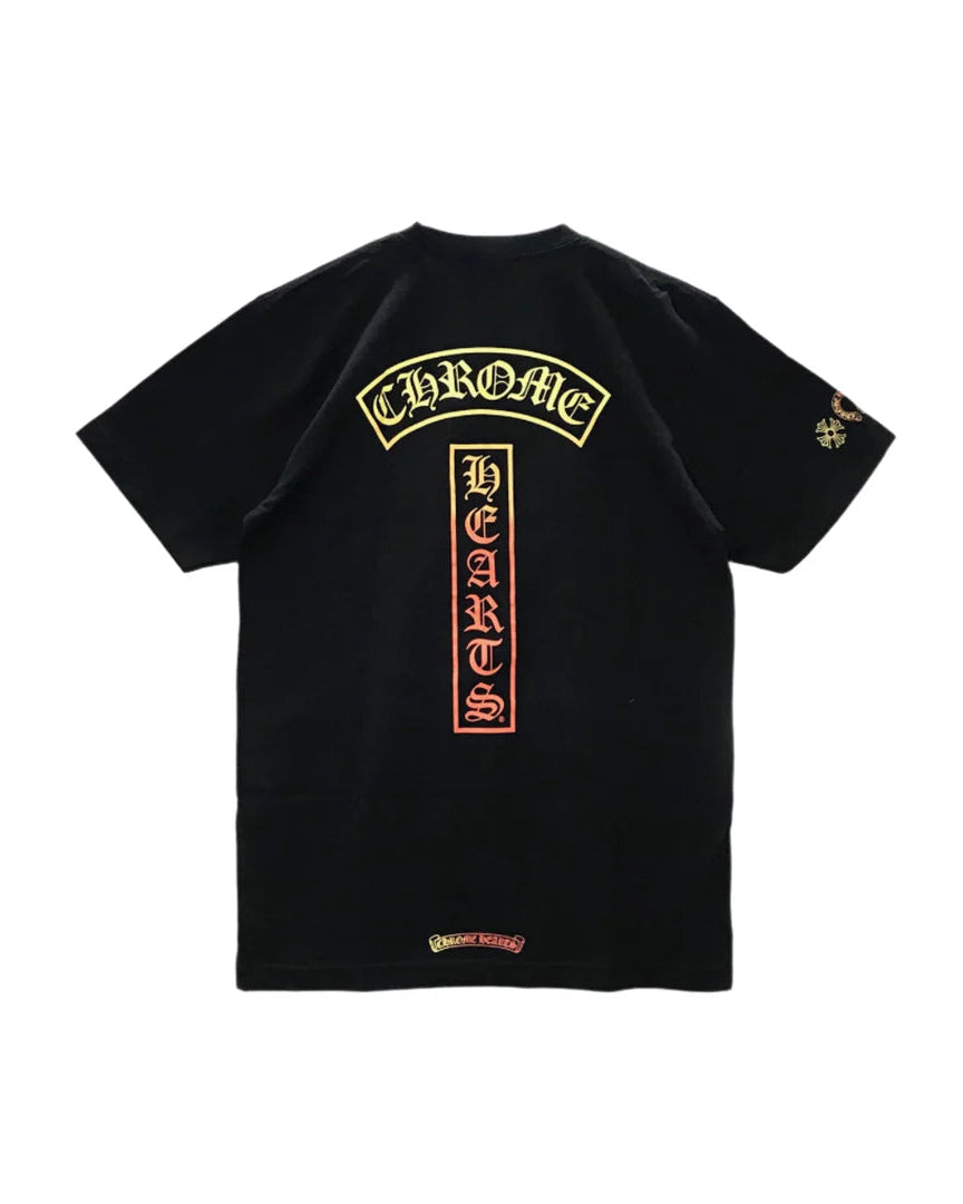 Black t-shirt with yellow and red text on a white background