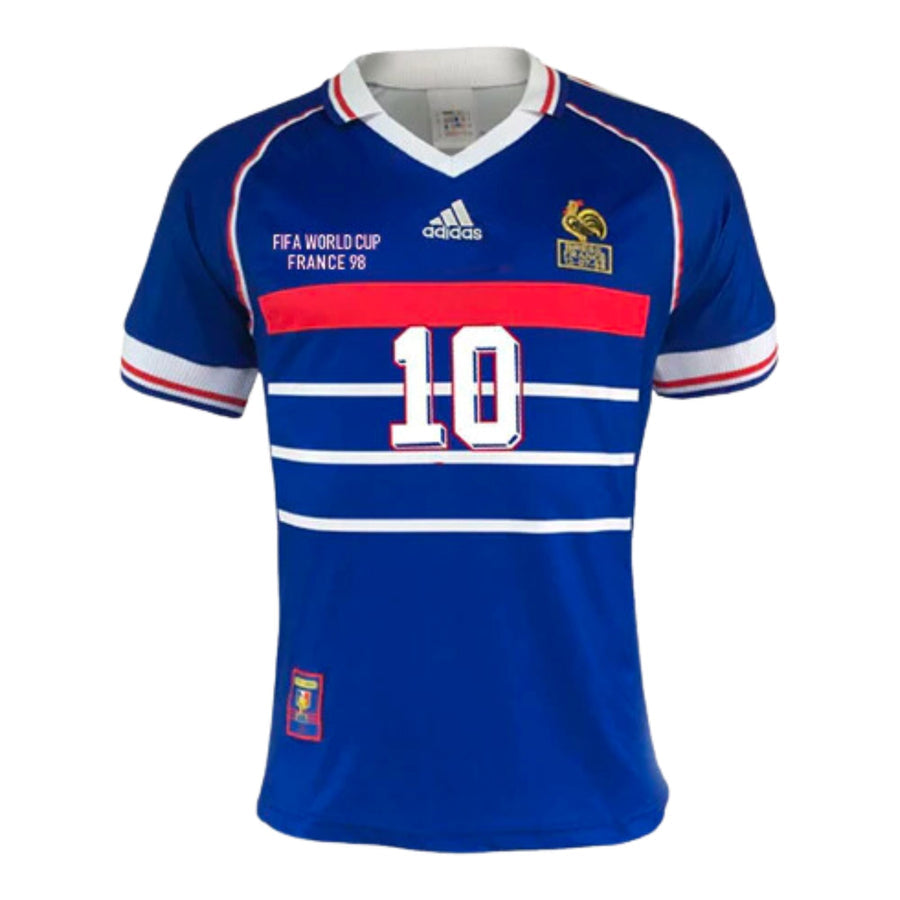 Blue soccer jersey with red and white accents, featuring the number 10 and Adidas logo on a white background.