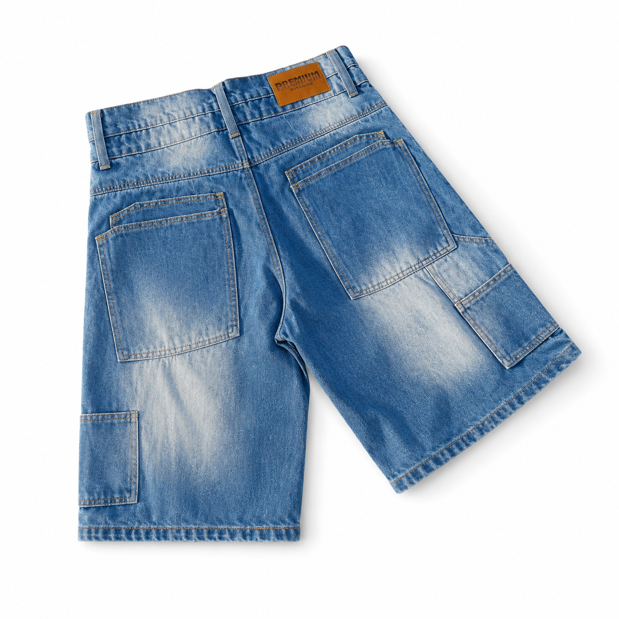 Blue denim shorts with a brand label on a white background