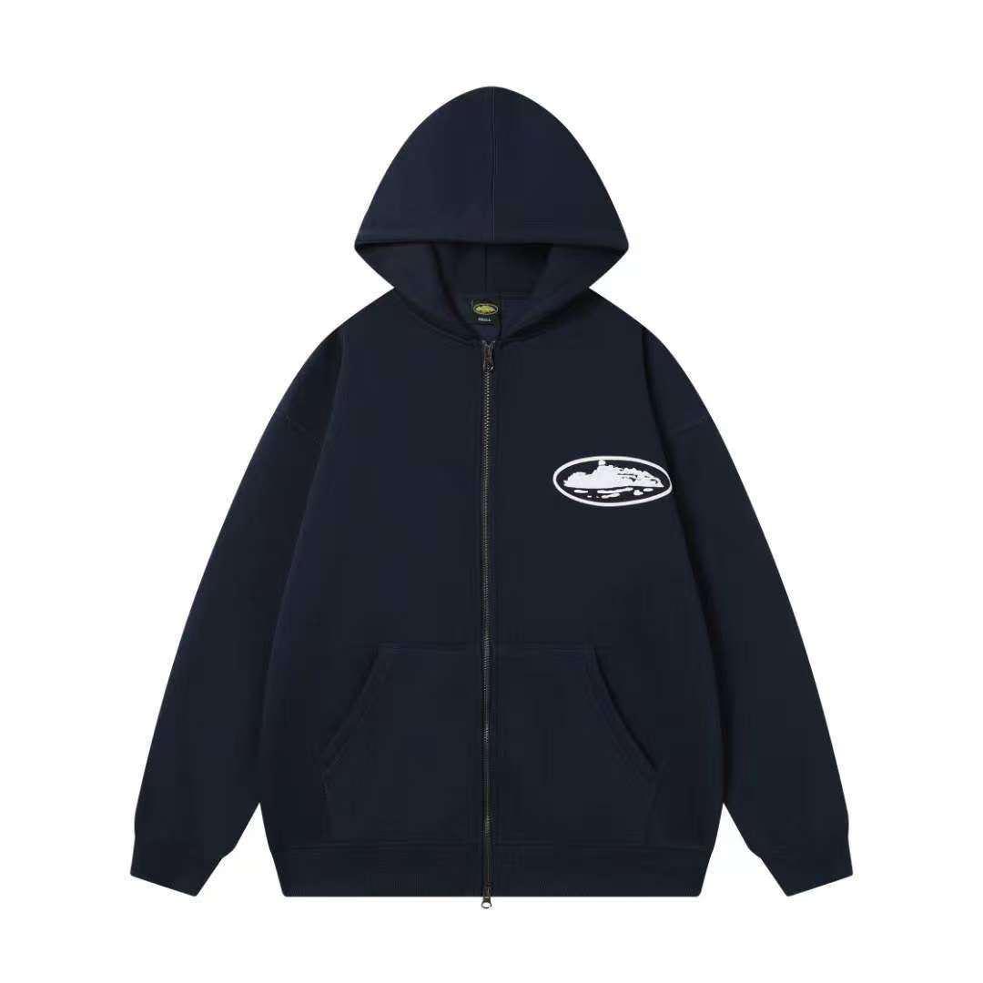 Black hoodie with a white logo on a white background