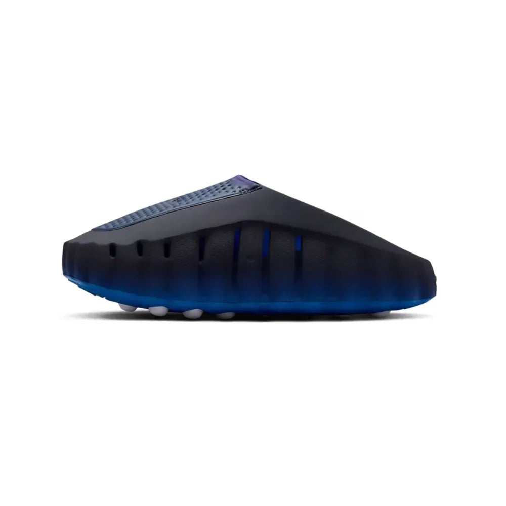 Blue and black slide sandal on a white background