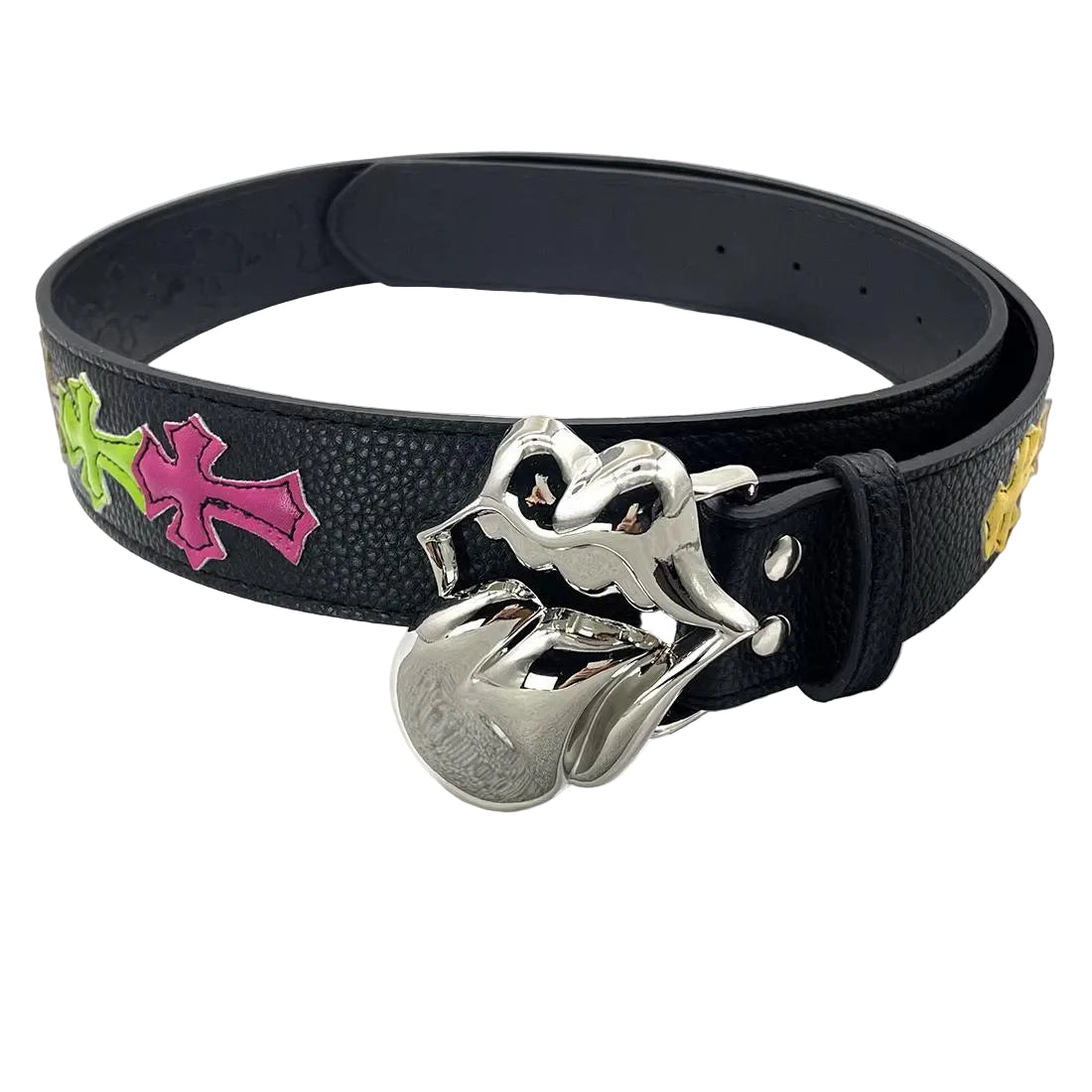 Black leather belt with colorful buckle and silver dog-shaped buckle on a magazine background