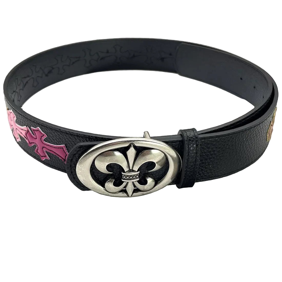 Black leather belt with a silver fleur-de-lis buckle on a magazine background