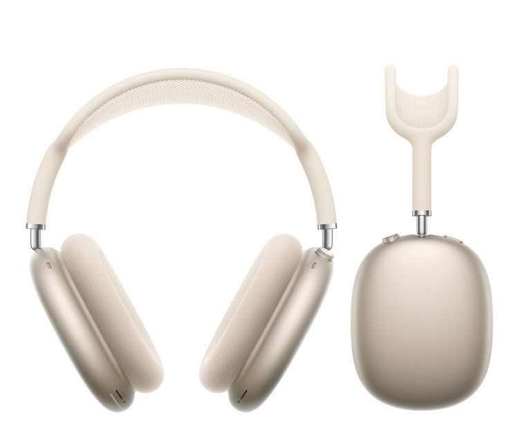 Beige headphones with a detached charging case on a white background