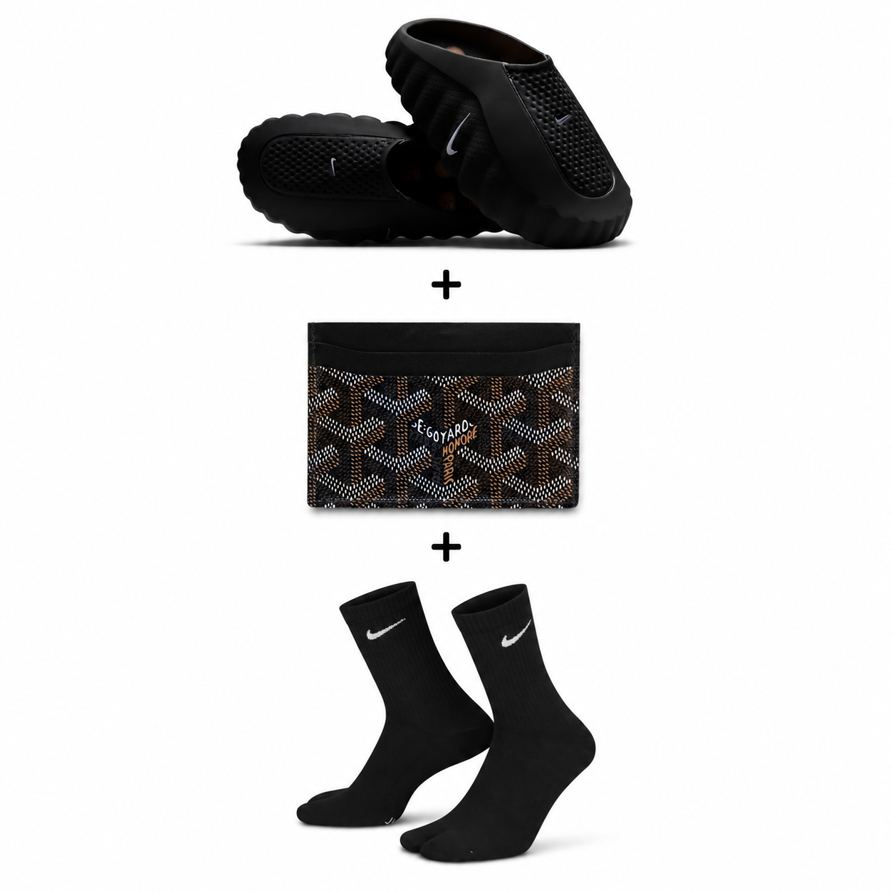 Black Nike shoes, wallet, and socks on a white background
