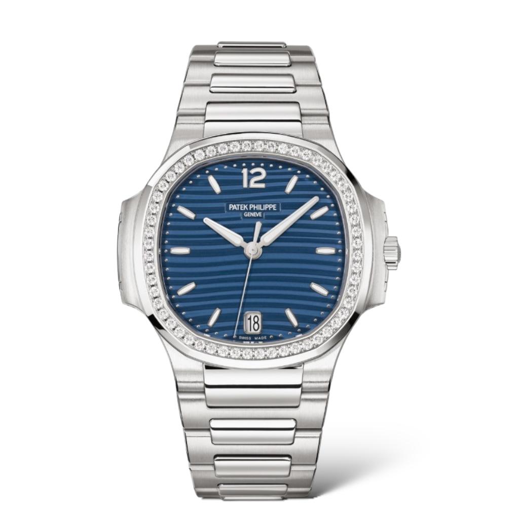 Silver watch with blue dial on a white background