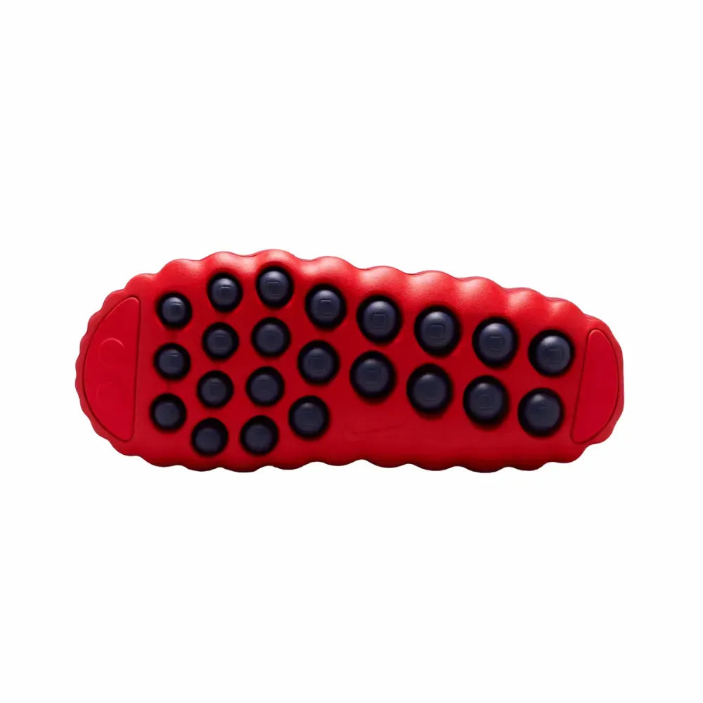 Red and black textured device on a white background